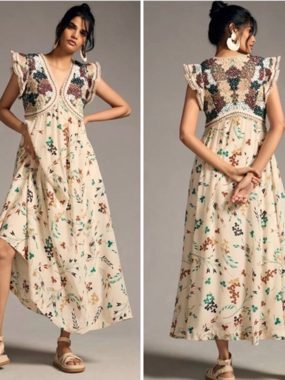 Anthropologie Cream Maxi Dress with Green & Brown Floral Print